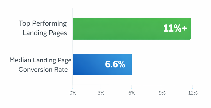 Bar chart showing median landing page conversion rate of 6.6% compared with top performing pages above 11%