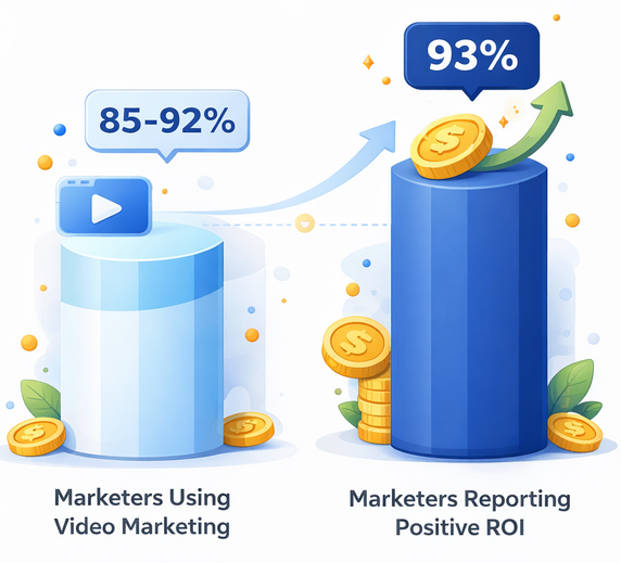 Bar chart showing 85&ndash;92% of marketers use video marketing and 93% report positive ROI