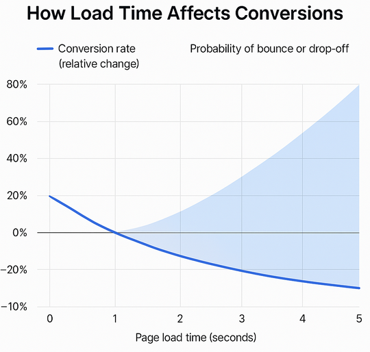 Line chart showing that as page load time increases from 0 to 5 seconds, conversion rate drops steadily (≈4.4% per second), and bounce probability rises sharply between 1 and 3 seconds