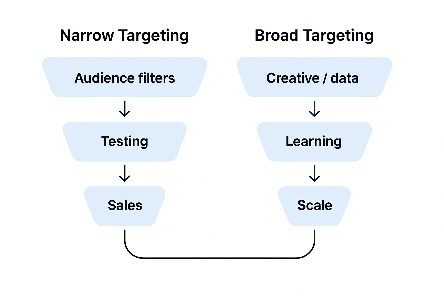 Diagram comparing narrow vs broad targeting funnels — narrow uses audience filters and testing, broad relies on creative and data.