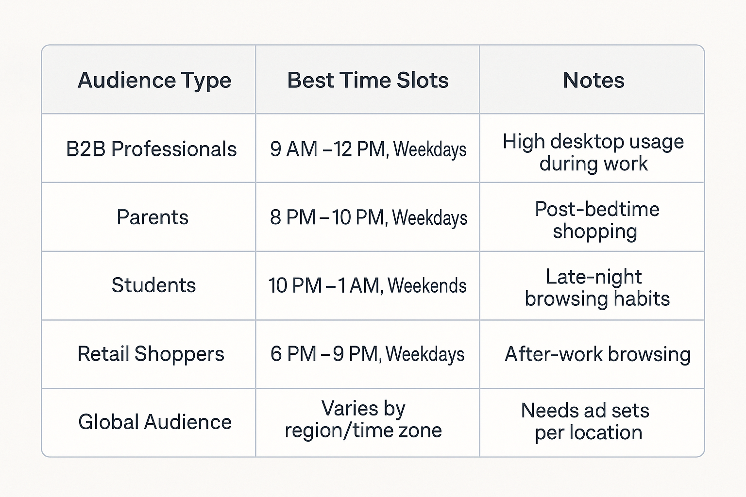 A table showing optimal ad times for different audience types — B2B professionals (9 AM–12 PM weekdays), parents (8 PM–10 PM weekdays), students (10 PM–1 AM weekends), retail shoppers (6 PM–9 PM weekdays), and global audiences (varies by region or time zone).