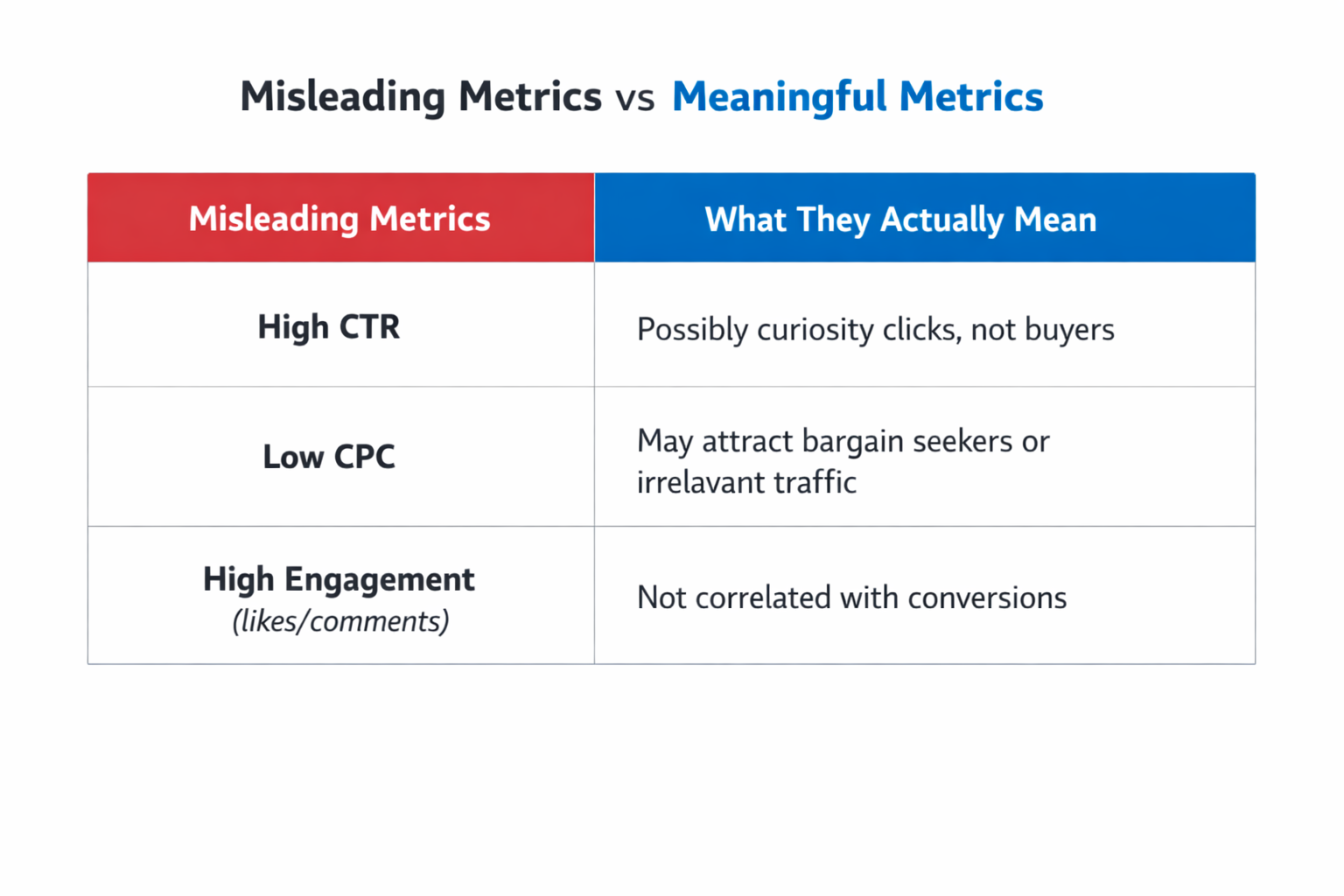 Infographic comparing misleading Facebook ad metrics with their true business impact.