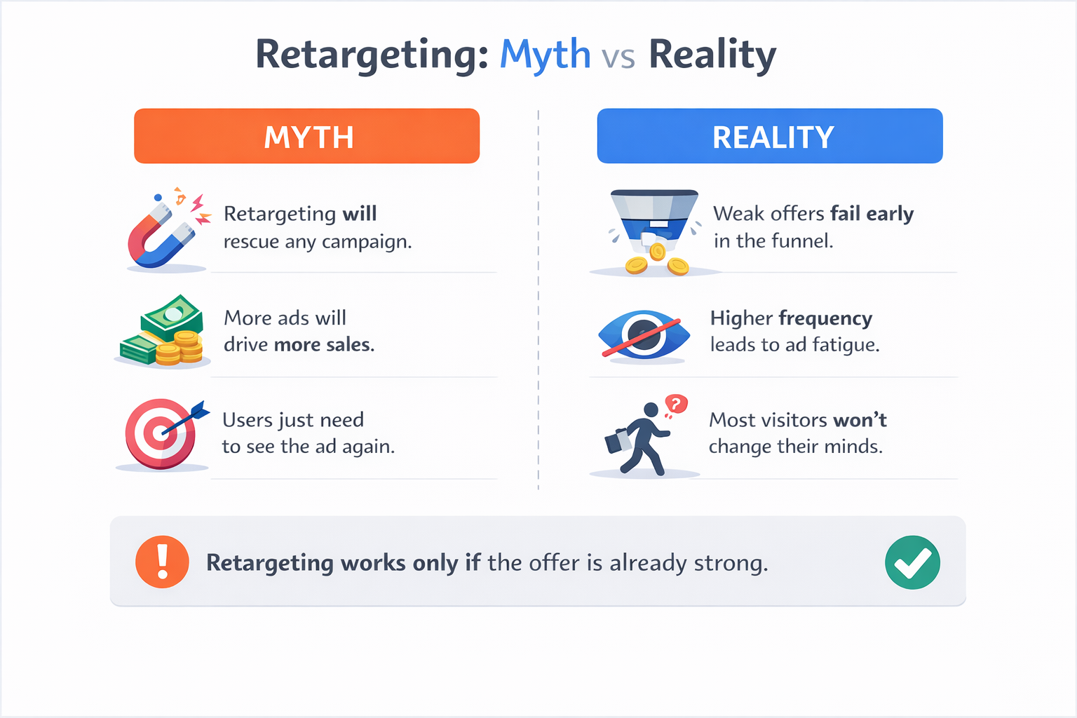 Infographic comparing retargeting myths vs reality showing weak offers failing early and frequency causing ad fatigue.