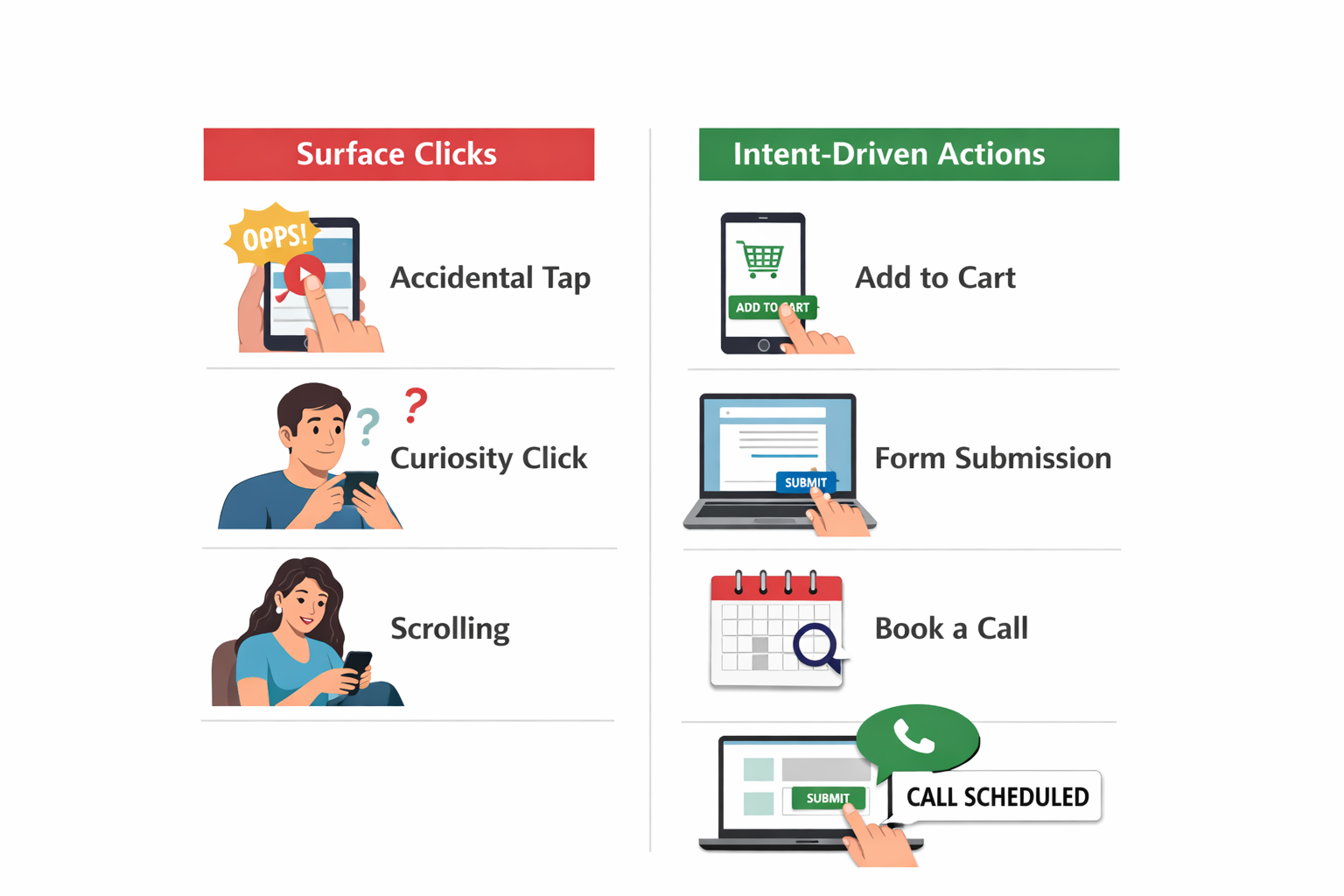 Side-by-side visual showing low-intent clicks versus high-intent user actions in online ads.
