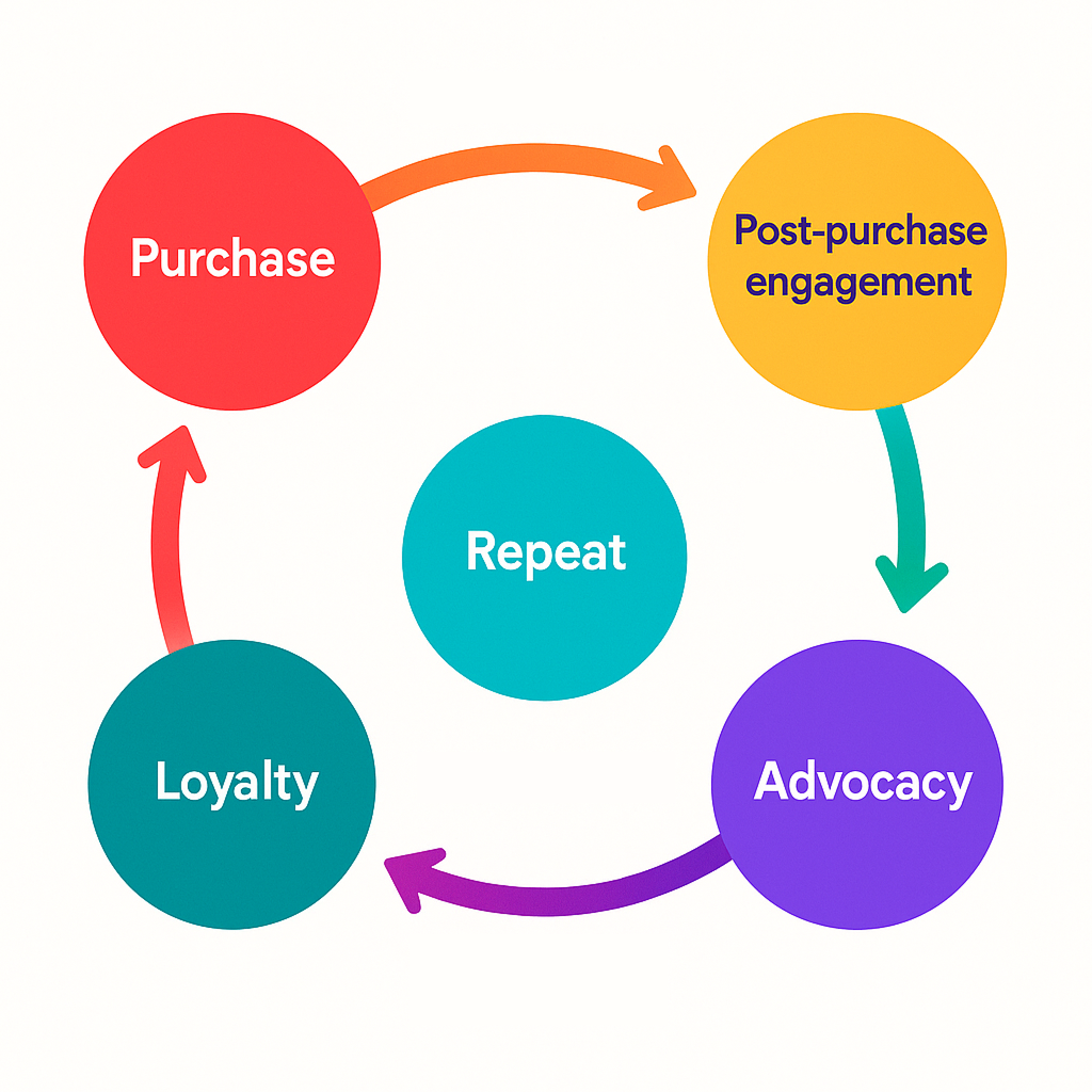 Colorful circular diagram on a white background showing the customer lifecycle: Purchase → Post-purchase Engagement → Repeat → Loyalty → Advocacy, connected by arrows with labels like “email follow-up,” “loyalty offer,” and “upsell.”