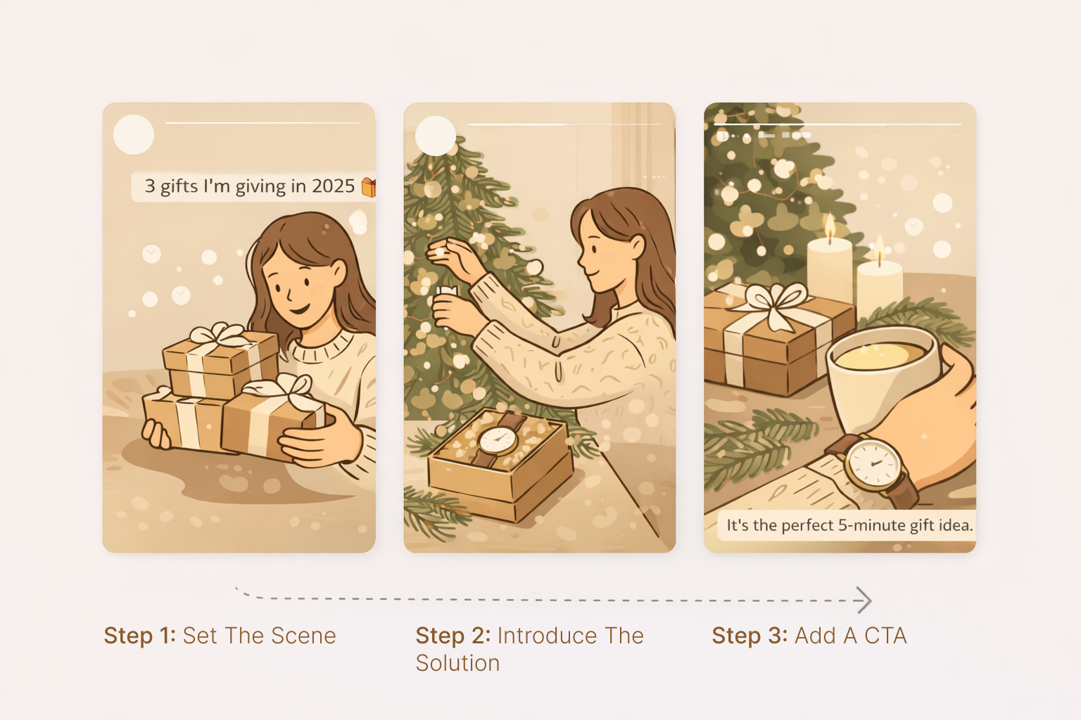 Instagram Story-style storyboard in 2D illustration showing a holiday gift sequence &mdash; from gift ideas to cozy product use.