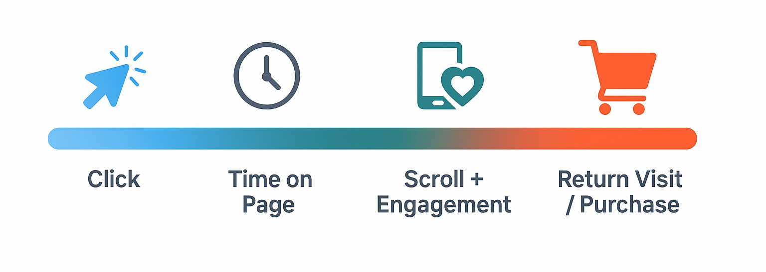 Horizontal progress bar showing signal strength from Click to Return Visit/Purchase, with icons for each user action.