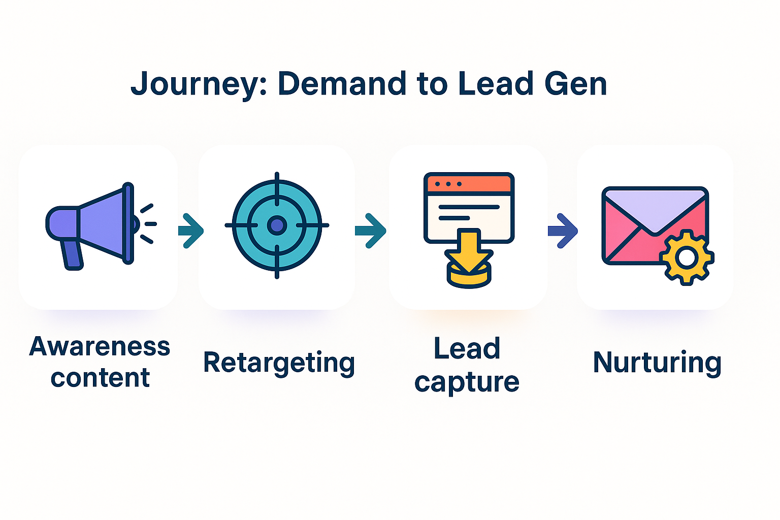 Horizontal infographic illustrating the journey from demand generation to lead generation with four stages: Awareness Content, Retargeting, Lead Capture, and Nurturing, each represented by colorful icons and arrows