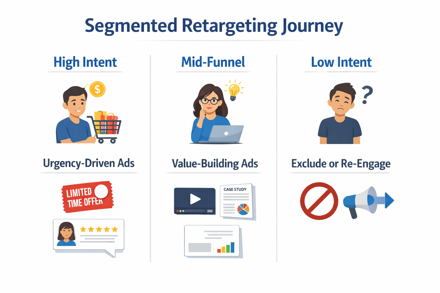 Infographic showing a segmented retargeting journey with three columns: High Intent (urgency-driven ads), Mid-Funnel (value-building ads), and Low Intent (exclude or re-engage), each illustrated with icons and user avatars.