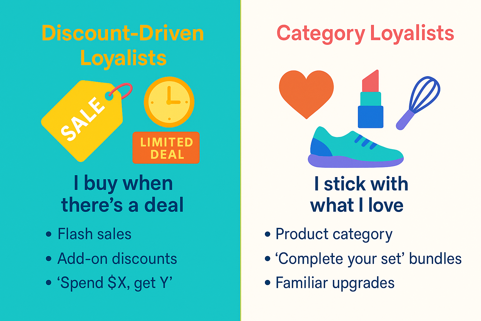 Colorful infographic comparing Discount-Driven Loyalists and Category Loyalists with icons representing sales, flash deals, and favorite product categories.