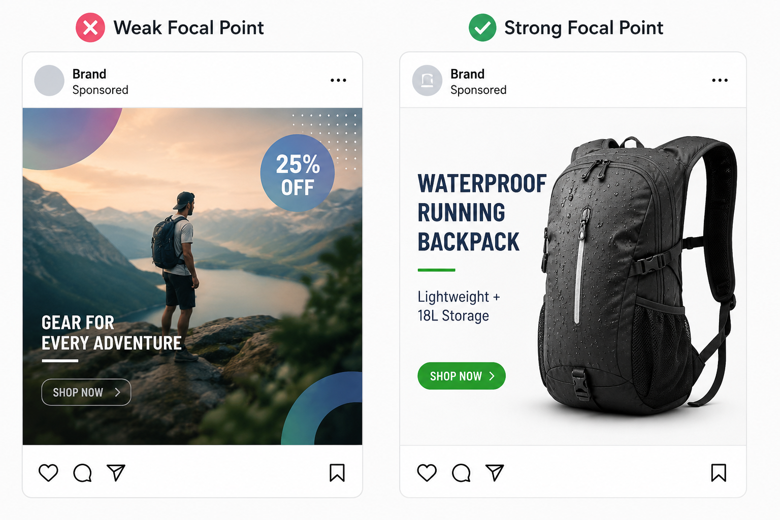 Comparison of a cluttered Instagram ad versus a clean product-focused ad with a clear focal point.