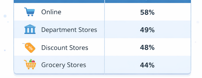 Horizontal bar chart showing 58 percent of consumers planning to shop online during the holidays compared with lower percentages for department stores, discount stores, and grocery retail