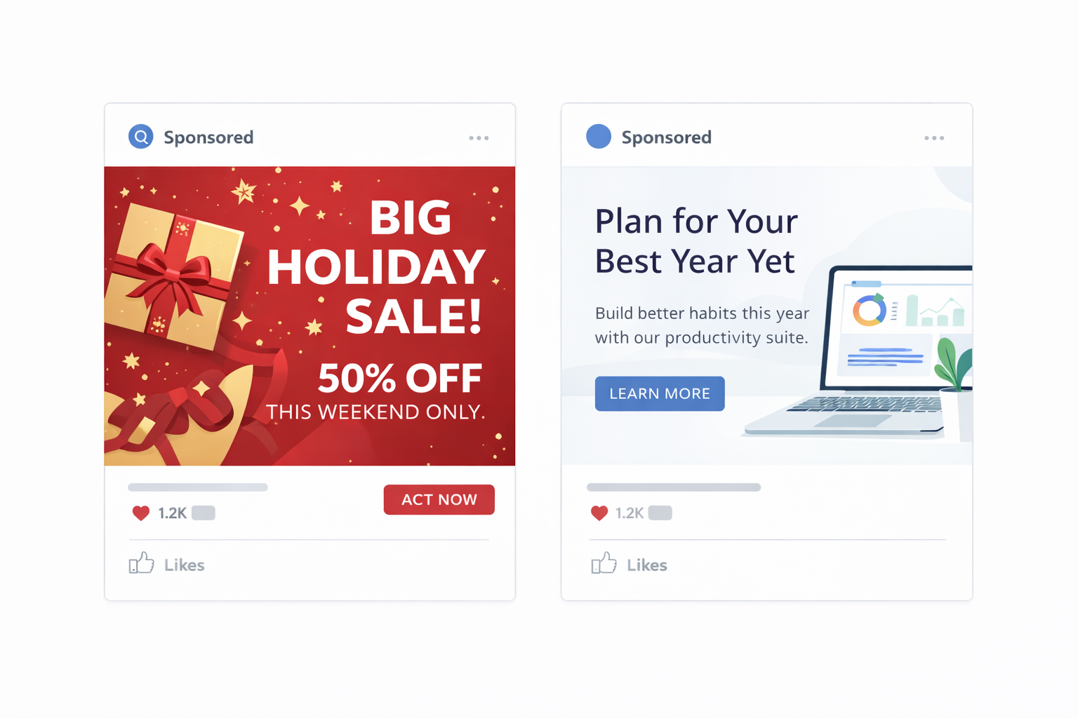 Side-by-side image comparing a holiday-themed ad with bold red colors and gift icons to a minimalist Q1-style ad with clean design and productivity-focused messaging.