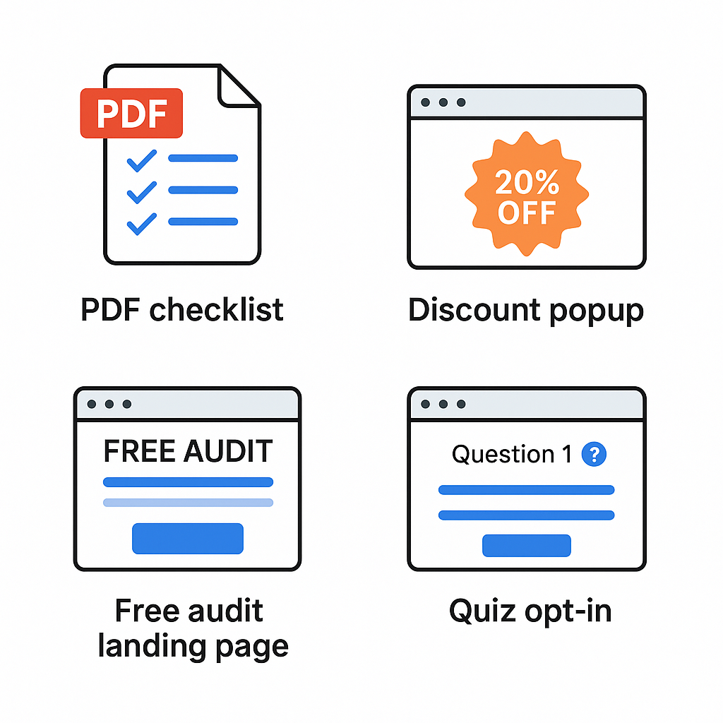2x2 grid showing lead magnet examples — PDF checklist, discount popup, free audit landing page, and quiz opt-in — each with simple icons and labels on a white background.