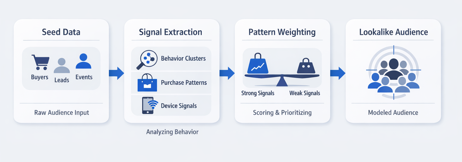 Four-step process showing how raw seed data becomes weighted signals and replicates into lookalike audiences.