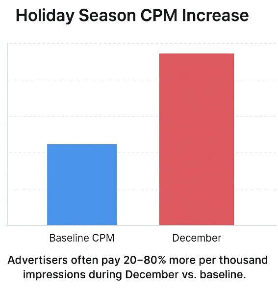 Bar chart comparing baseline CPM to December holiday-season CPM, showing a 20–80% increase during holiday period