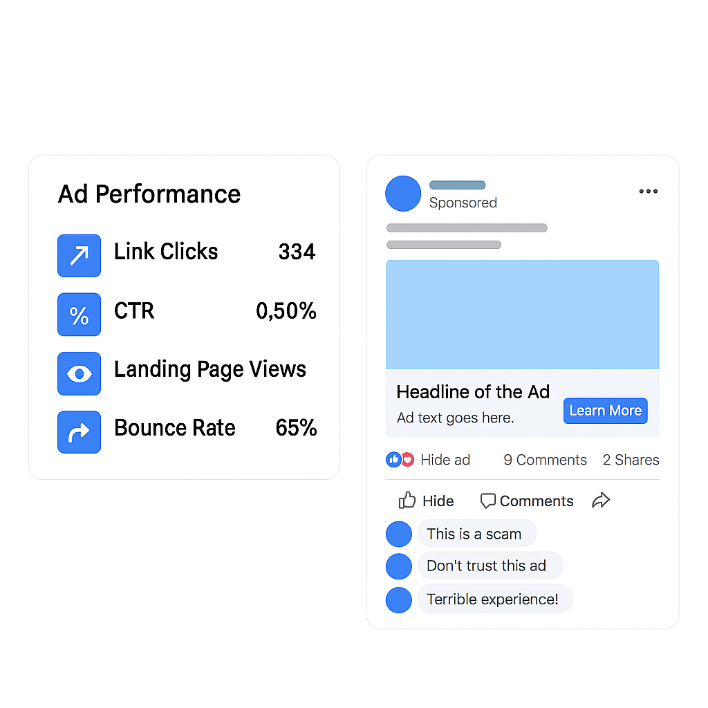 Mockup of a Facebook Ad Manager dashboard showing ad performance metrics and user feedback.  Title: