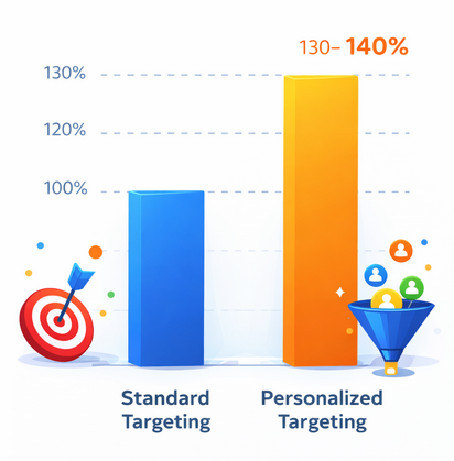 Bar chart comparing generic targeting with personalized targeting, showing that personalized marketing can improve conversion and cross-sell rates by 30 to 40 percent