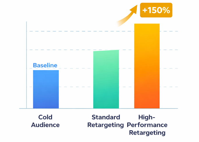 Bar chart comparing conversion rates: cold audience baseline vs. standard and high-performance retargeting showing up to 150% increase