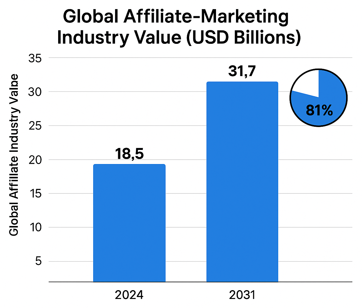 Bar chart showing global affiliate marketing industry value: 18.5 billion USD in 2024 and projected 31.7 billion USD by 2031