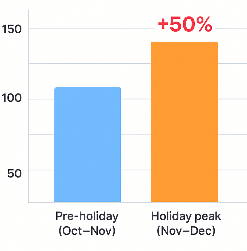 Bar chart comparing CPM before the holiday season (baseline) and CPM during November-December showing more than 50% increase