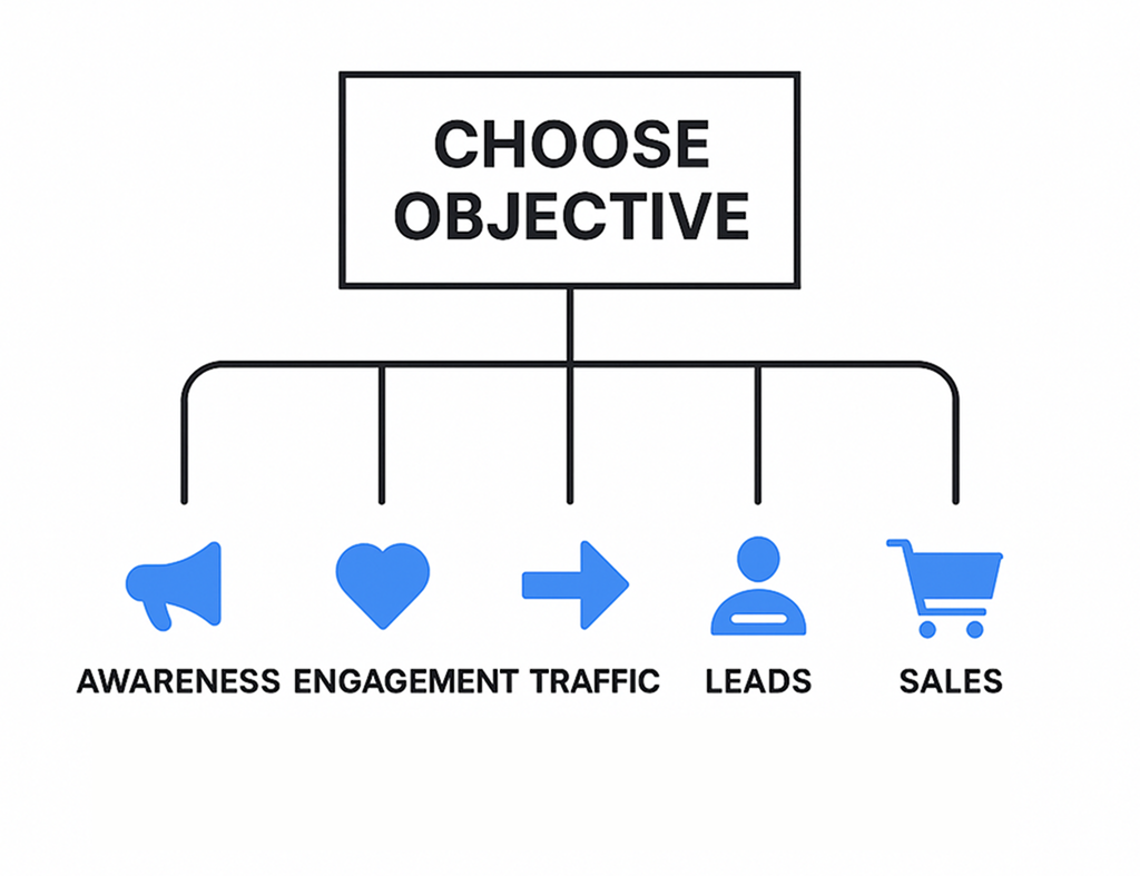 Flowchart showing Facebook ad objective options: Awareness, Engagement, Traffic, Leads, and Sales with matching icons.