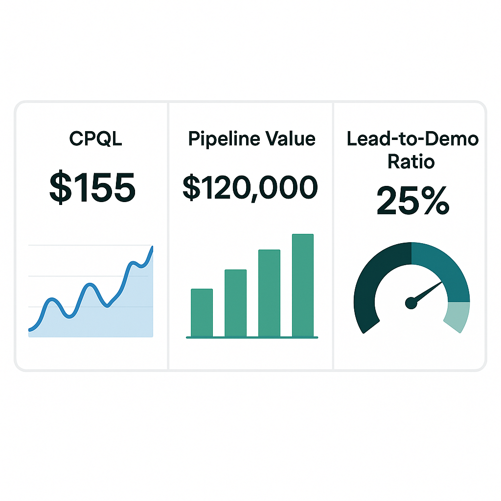 KPI dashboard showing CPQL, pipeline value, and lead-to-demo ratio with individual graphs for each metric.