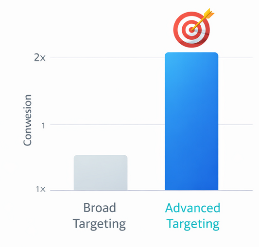 Bar chart comparing conversion rates: broad targeting at baseline versus advanced segmentation showing twice the conversion
