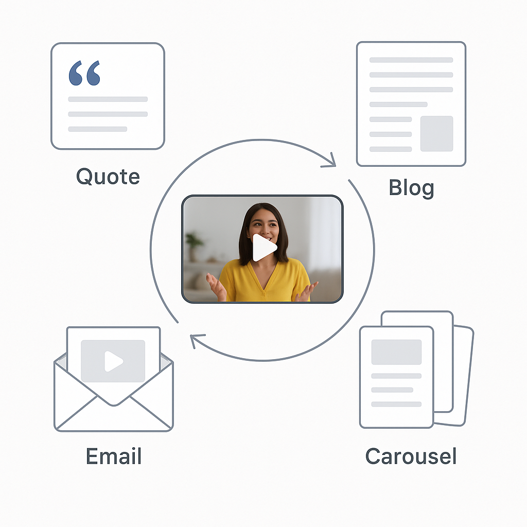 Diagram showing a central video repurposed into a quote graphic, blog post, carousel, and email content.