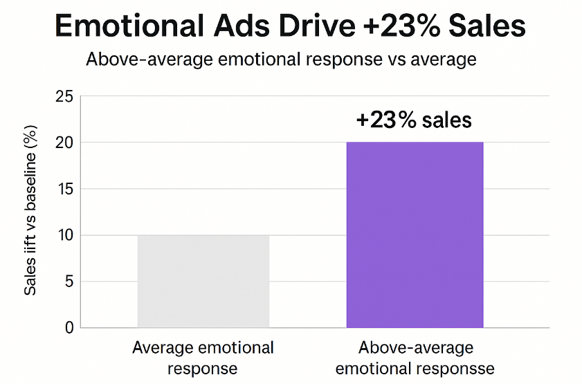 Bar chart comparing average emotional ad performance (0% baseline) with above-average emotional response ads (+23% sales increase)