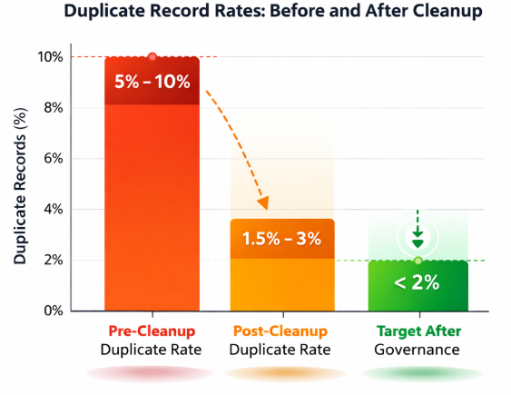 Bar chart comparing duplicate record percentages: pre-cleanup at 5–10%, post-cleanup lower, and target under 2%