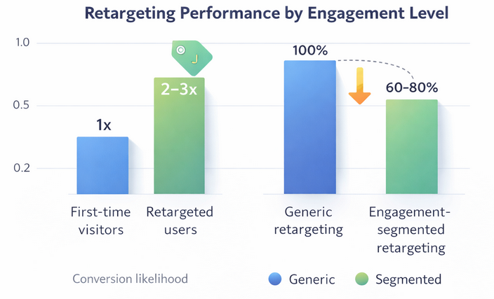 Bar chart comparing first-time visitor conversions with retargeted users, and CPA for generic versus engagement-segmented retargeting
