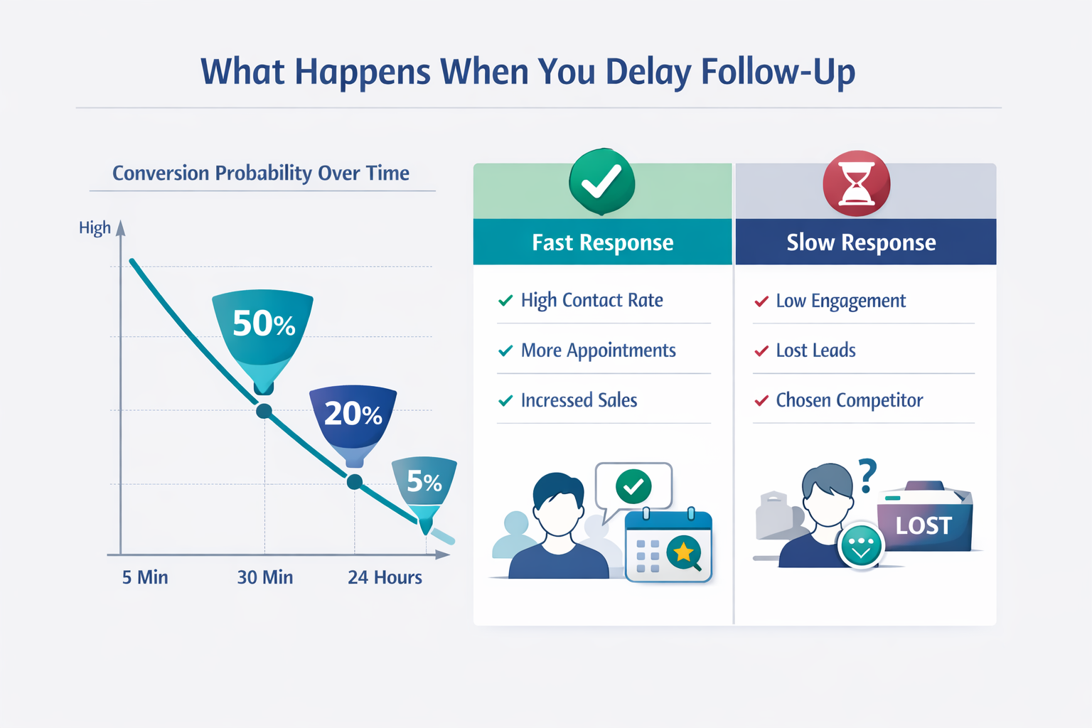 Infographic showing how delayed follow-up reduces lead conversion from 50% to 5% over 24 hours.