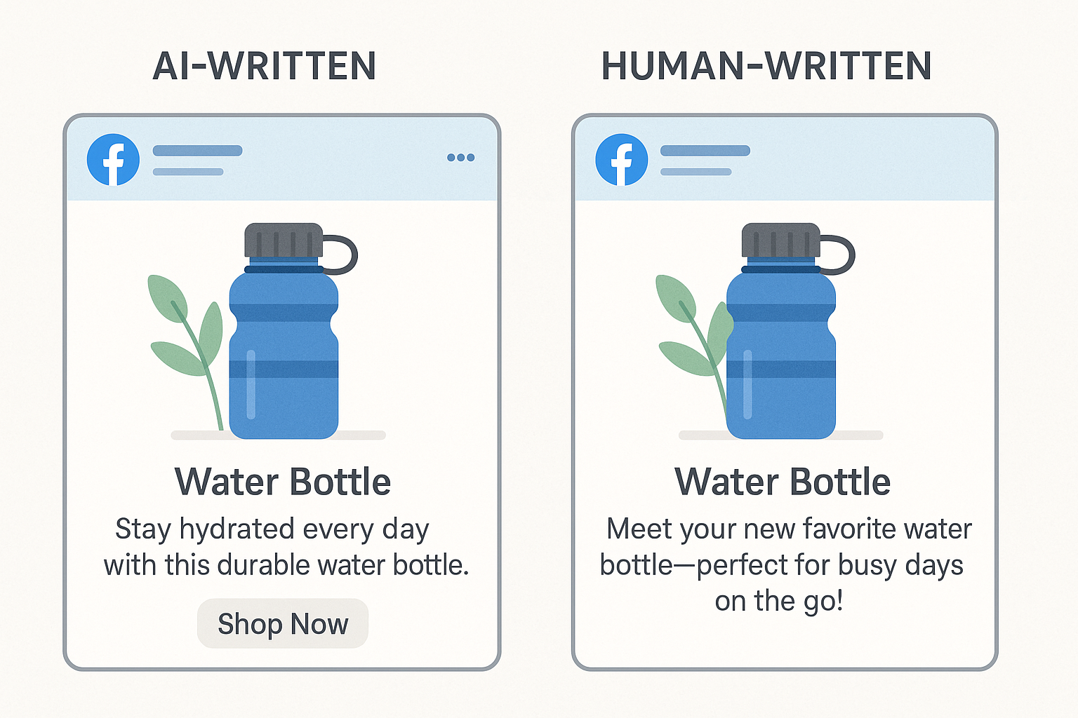 Side-by-side ad example comparing AI vs human-written Facebook ad cop