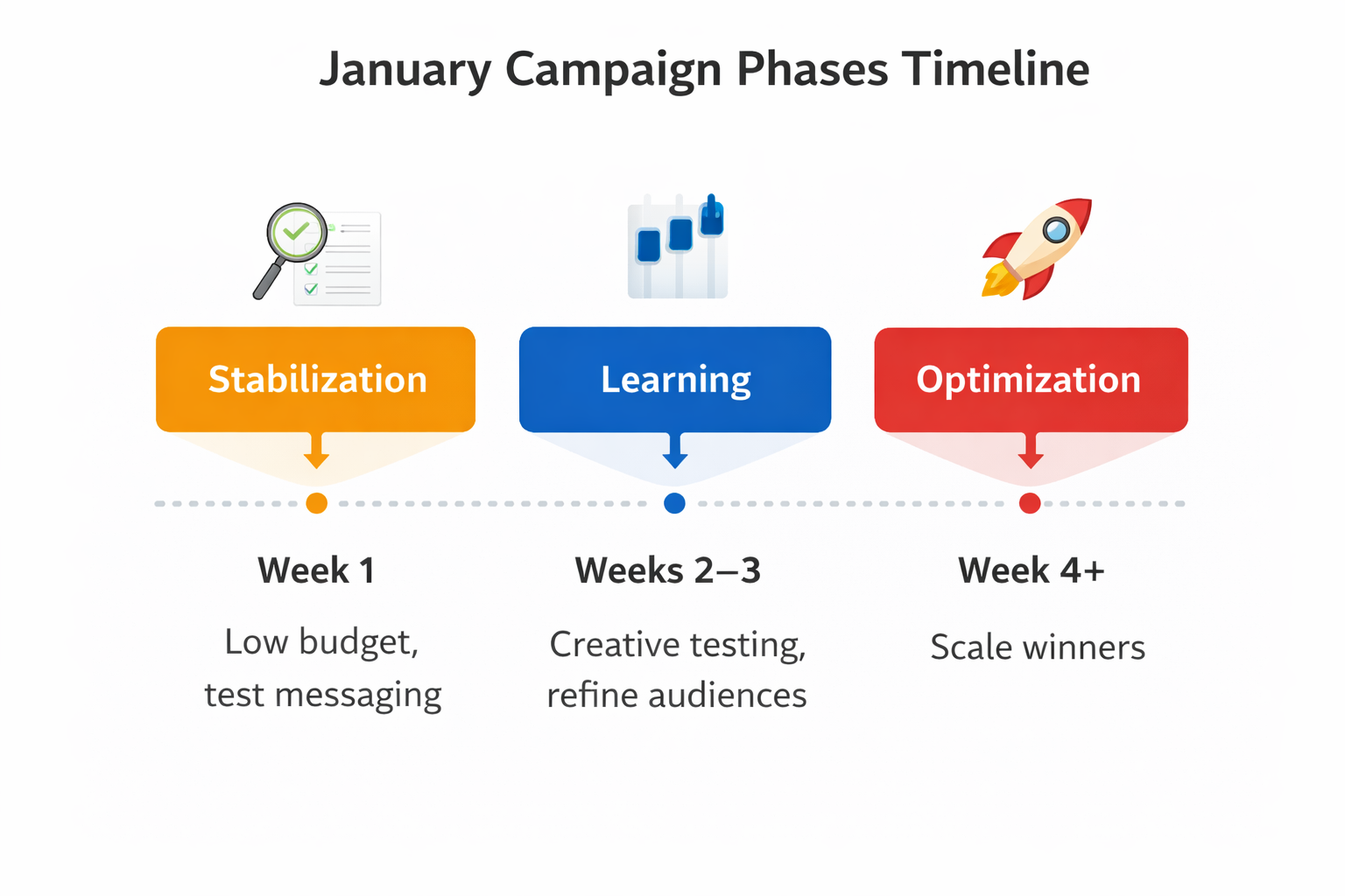 A horizontal timeline showing three January ad campaign phases: Stabilization (Week 1), Learning (Weeks 2&ndash;3), and Optimization (Week 4+), each with icons and key actions.