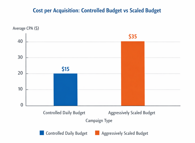 Bar chart comparing cost per acquisition for controlled daily budgets versus aggressively scaled budgets, showing lower costs with controlled budgets