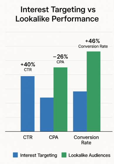 Bar chart comparing interest targeting vs lookalike audience results across CPA, CTR, and conversion lift, showing lookalike audiences outperform interest targeting by roughly 20–30 %