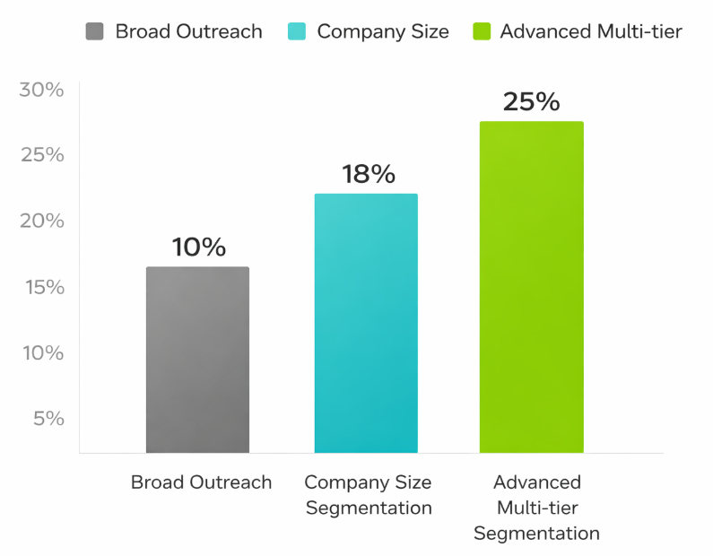 Column chart showing response rate differences: broad outreach 10%, company size segmentation 18%, advanced segmentation 25%