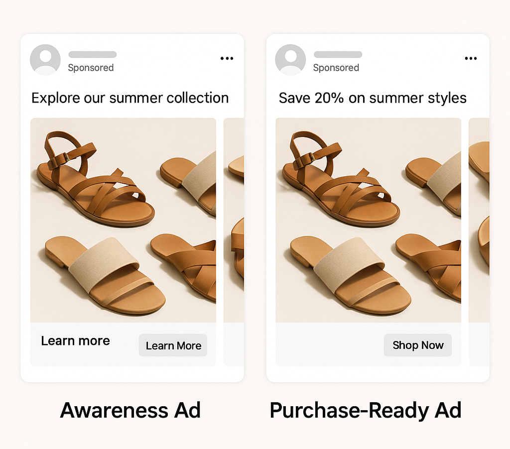 Side-by-side carousel ad mockups comparing an awareness ad promoting new arrivals with a “Learn More” CTA and a purchase-ready ad offering 20% off with a “Shop Now” CTA.