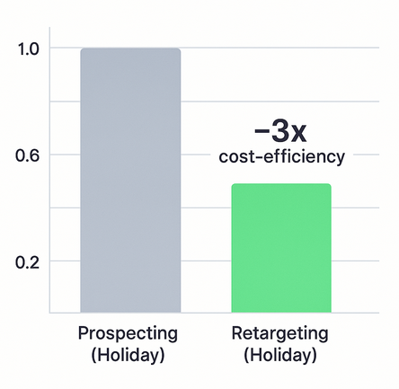 Side-by-side columns comparing cost per acquisition: prospecting campaign vs retargeting campaign during holiday season, showing retargeting roughly three times lower cost