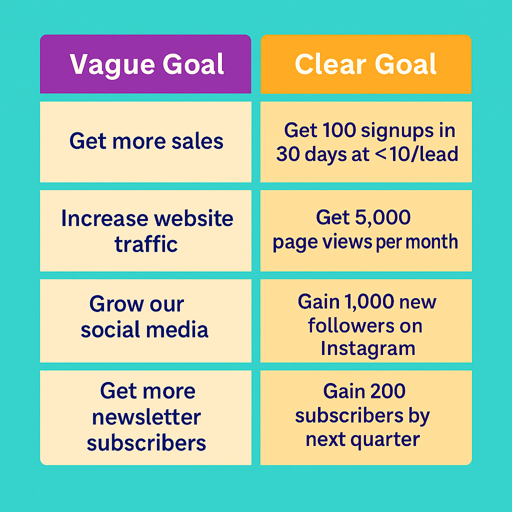 Comparison table showing vague vs. clear marketing goals, with examples like “Get more sales” versus “Get 100 signups in 30 days at <$10/lead.”