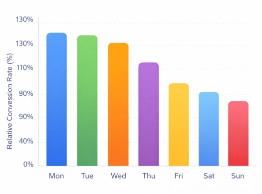 Bar chart showing advertising conversion rate variation by day of the week, with Monday through Wednesday performing highest