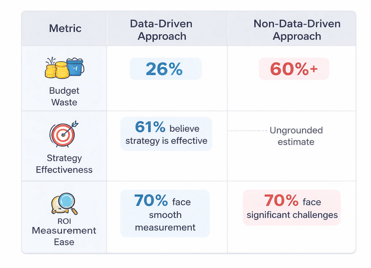Table comparing outcomes for data-driven versus non-data-driven campaign practices across budget waste, strategy effectiveness, and ROI measurement