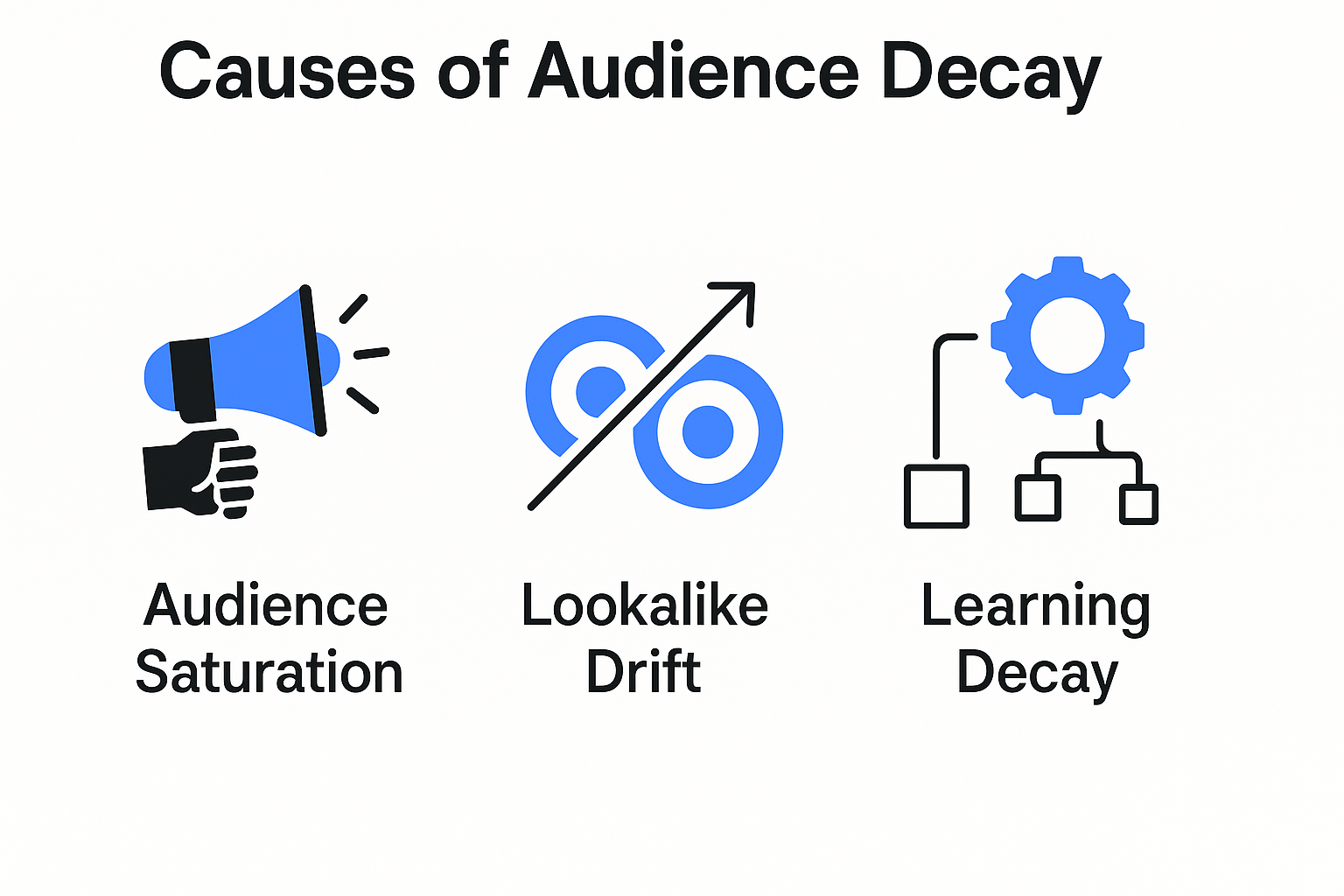 Infographic showing three causes of audience decay: audience saturation, lookalike drift, and learning decay, each with a distinct icon.