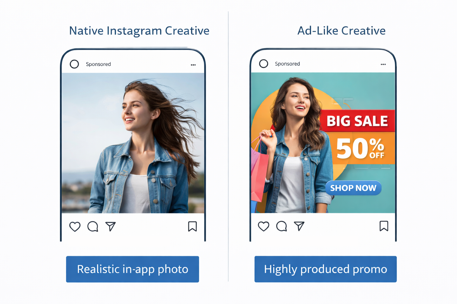 Side-by-side comparison of two Instagram ads: one natural-looking in-app photo with no branding, the other a bold, highly produced promo with sales graphics.