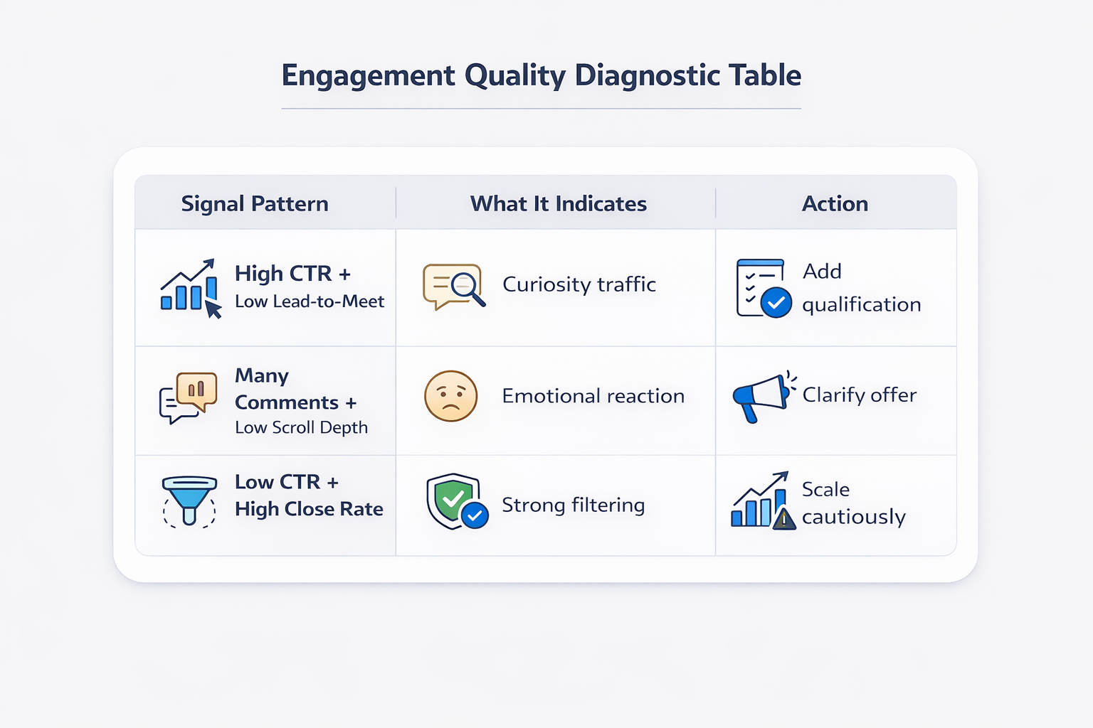 Diagnostic table linking engagement patterns to underlying issues and recommended optimization actions.
