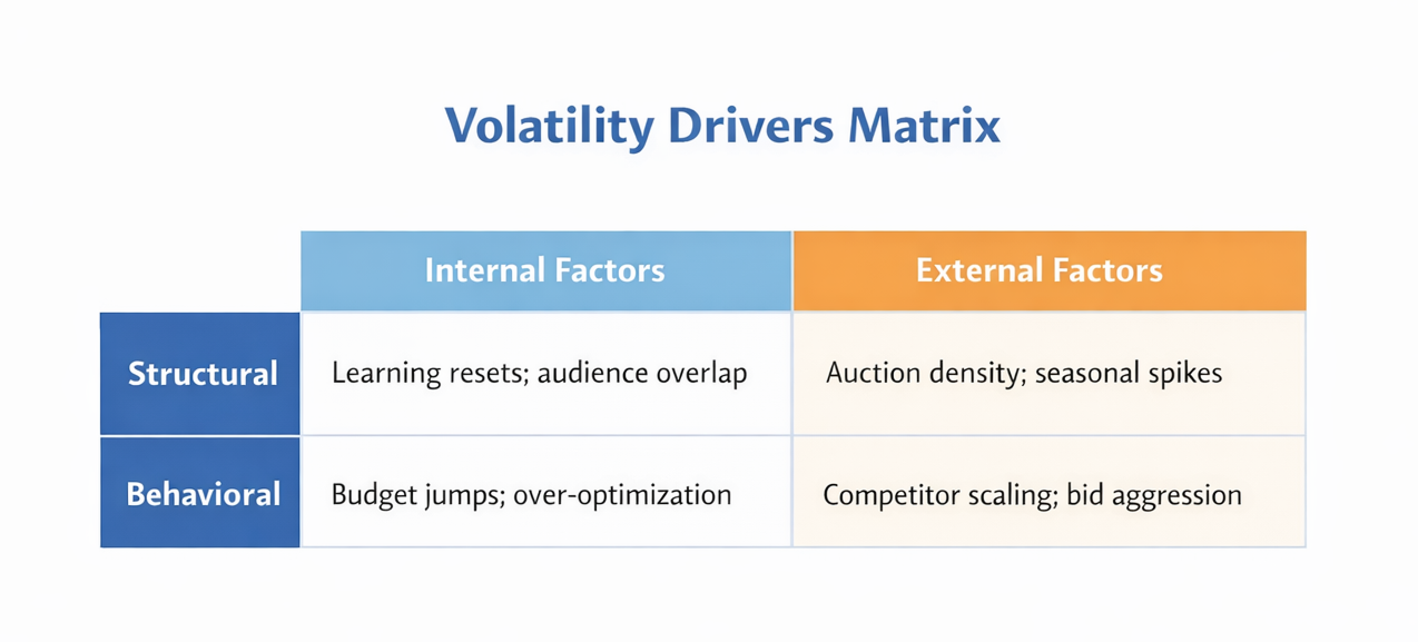 2x2 matrix showing internal and external structural and behavioral drivers of Facebook Ads volatility.