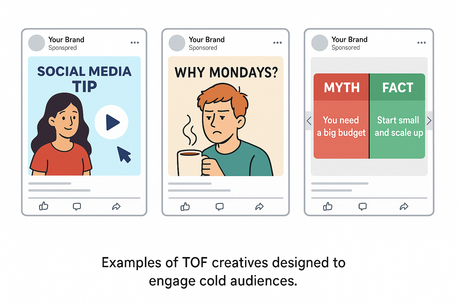Examples of TOF creatives designed to engage cold audiences