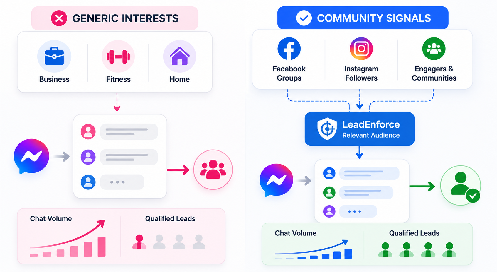 2D comparison showing generic interest targeting versus community-based targeting, with community audiences generating higher-quality Messenger leads.