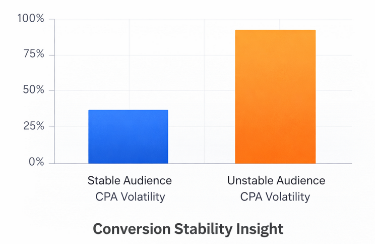 Bar chart comparing CPA volatility for high-quality audiences versus unstable audiences, showing lower volatility for high-quality segments